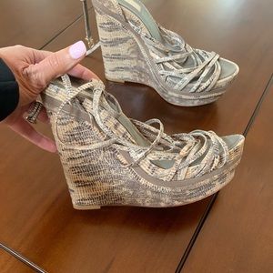 BCBG snakeskin strappy wedges